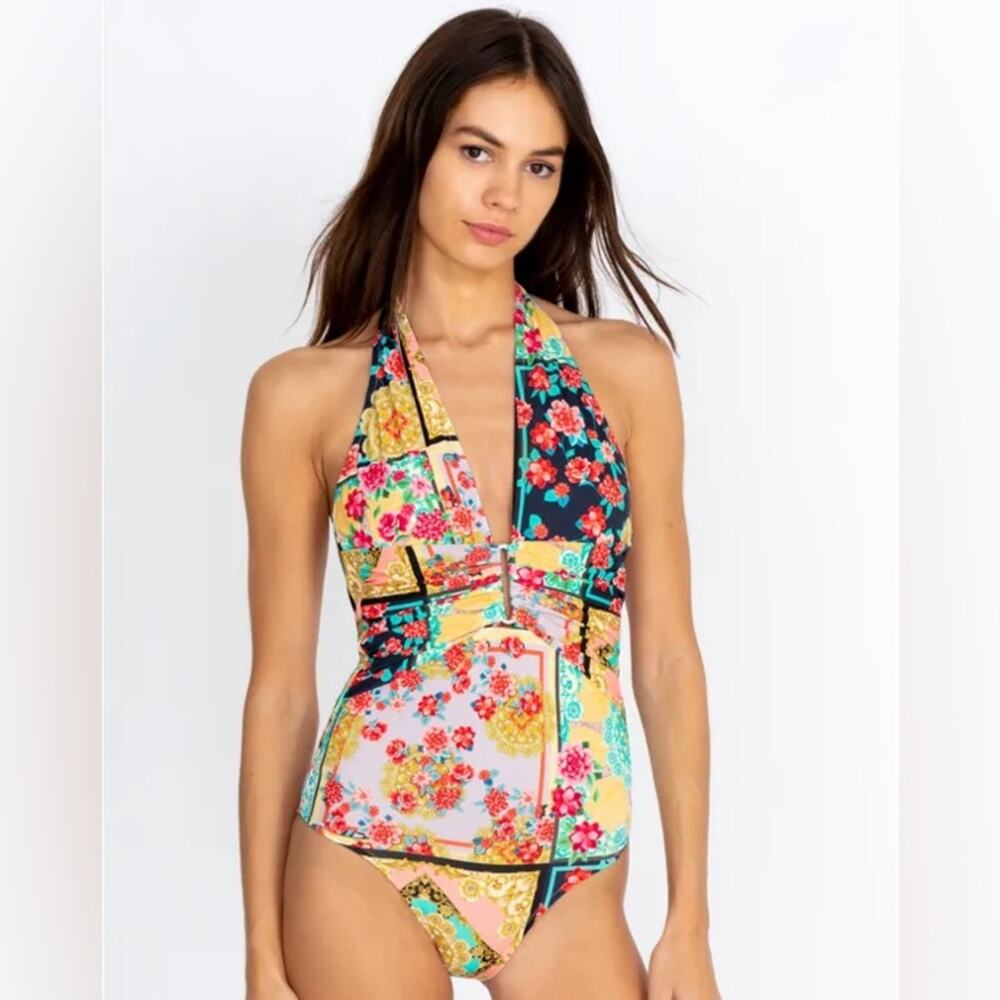 Johnny Was Japer Floral Plunge Halter Ruched One Piece Swimsuit Size Medium